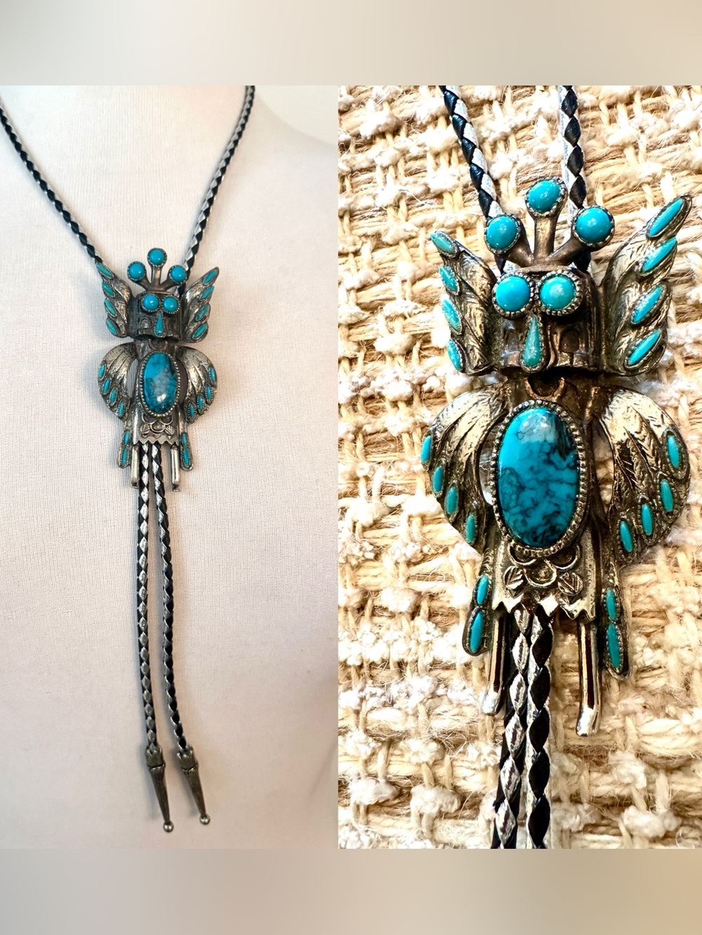 Vintage Sancrest Horned Owl Kachina Dancer Bolo Tie Faux Turquoise 1950s